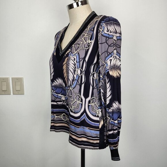 Hale Bob V-Neck Knit Top M Grey Blue Black Harness Print‎ Long Sleeve Stretch - Picture 2 of 10